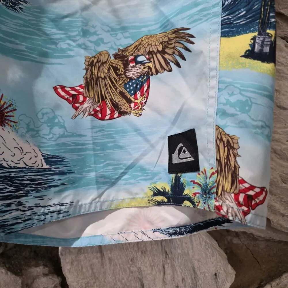 Quicksilver Swim Board Shorts Mens 34 American Flag July 4th USA Beer Eagle